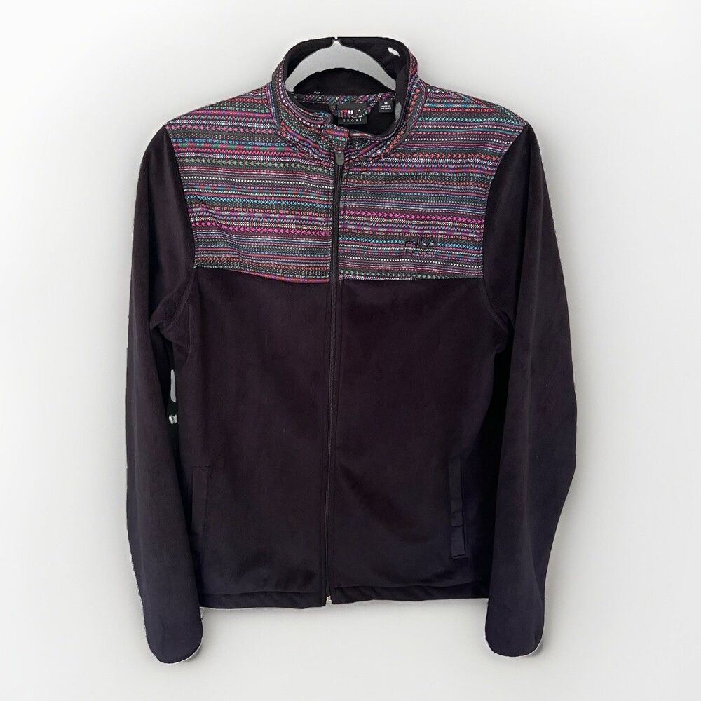 FILA Sport Faux Fur  Fleece Jacket Black Aztec Print Size M Ski Warm Soft